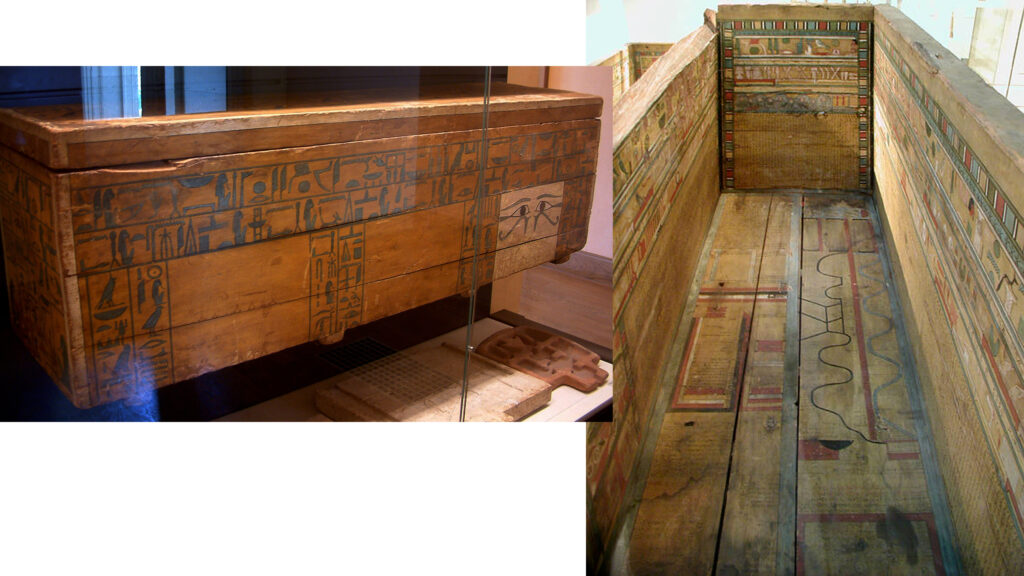 Left: Outer coffin of Chancellor Nakhti (12th dynasty, 1950-1900 BC), found in Asyut. Louvre Museum – Right: Map of the afterlife inside the wooden coffin of Gua (12th dynasty), found in Deir el-Bahari. British Museum