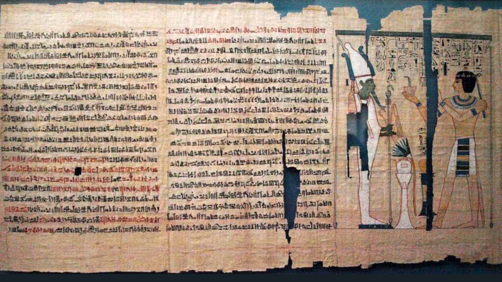 The Book of the Dead (EA 10793/1) of Pinedjem II, high priest of Amon (ca. 990–969 BC), on the right, intent on presenting offerings to Osiris. British Museum, London