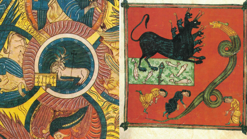  A sinistra: Beatus,l'Agnello con 7 corna e 7 occhi che apre i 7 sigilli - A destra, Beatus, la bestia con 7 teste