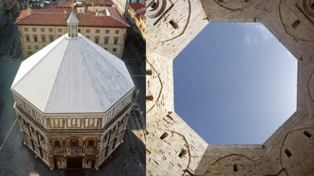 A sinistra: Battistero di San Giovanni (Firenze) – A destra: Castel del Monte (Puglia), corte interna