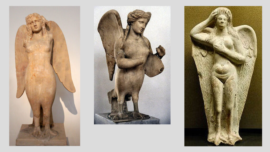 Statue funerarie provenienti dal Sarapieion di Memphis, 340-330 a.C. (a sinistra); da Atene, 370 a.C. (al centro); da Myrina, Grecia sec. I a.C. (a destra)