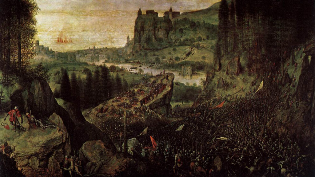 Pieter Bruegel il Vecchio, Suicidio di Saul, dipinto a olio su tavola (1562), Kunsthistorisches Museum di Vienna